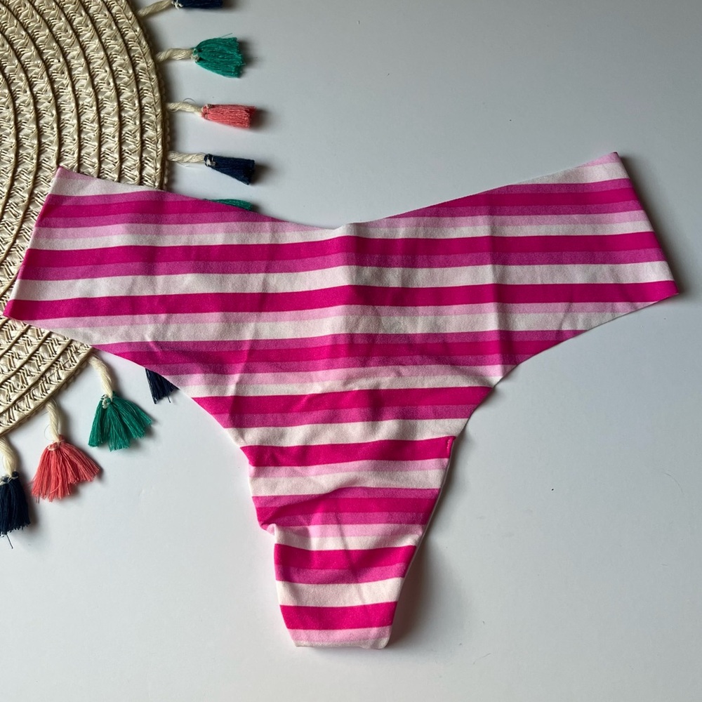 Victoria's Secret No Show Thong Panty Pink/White Stripe Large NEW